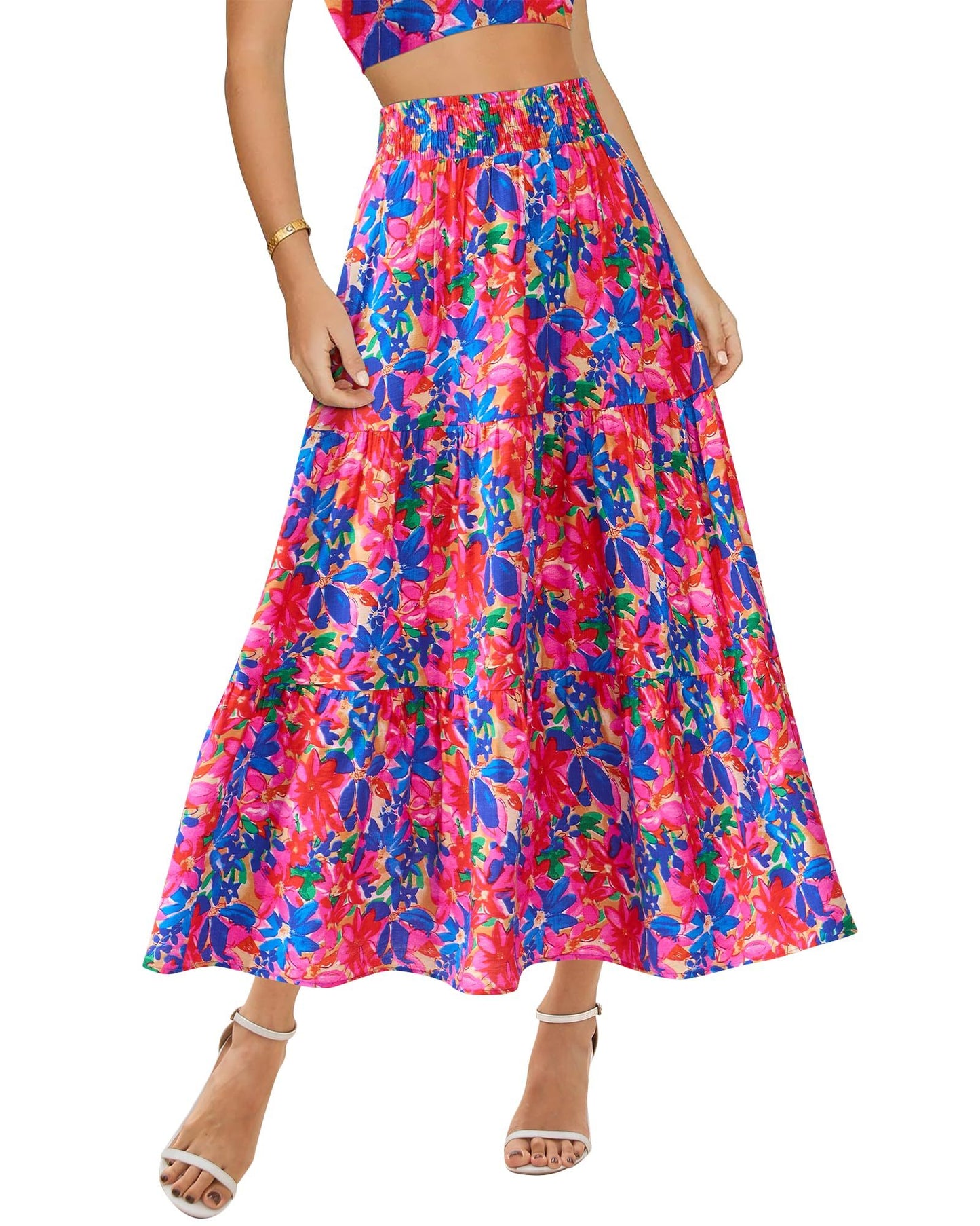 Women's Floral Print Midi Elastic High Waist Crimp Skirt