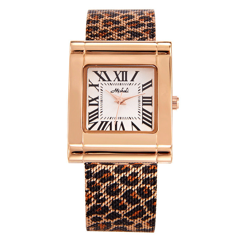 Fashion Steel Belt Leopard Print Mesh Square Watch For Women