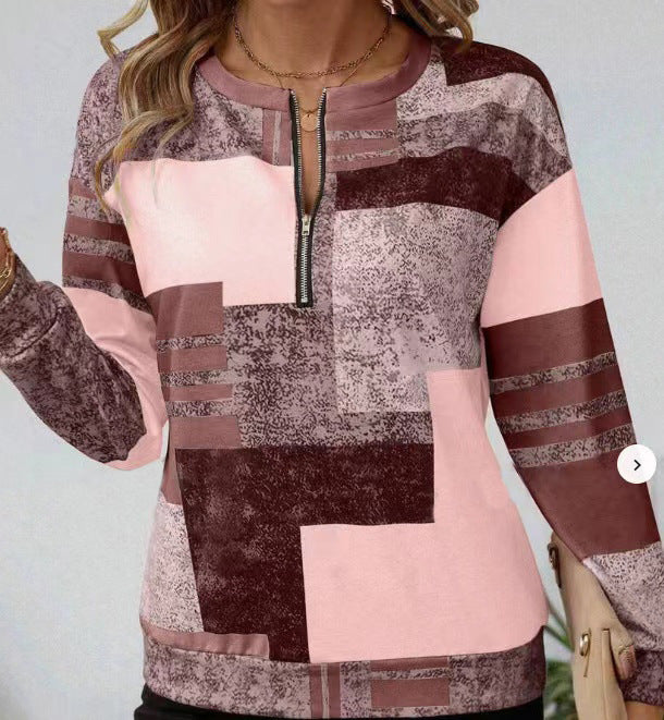 Round Neck Half Zipper Casual Style Polo Shirt Irregular Geometric Top