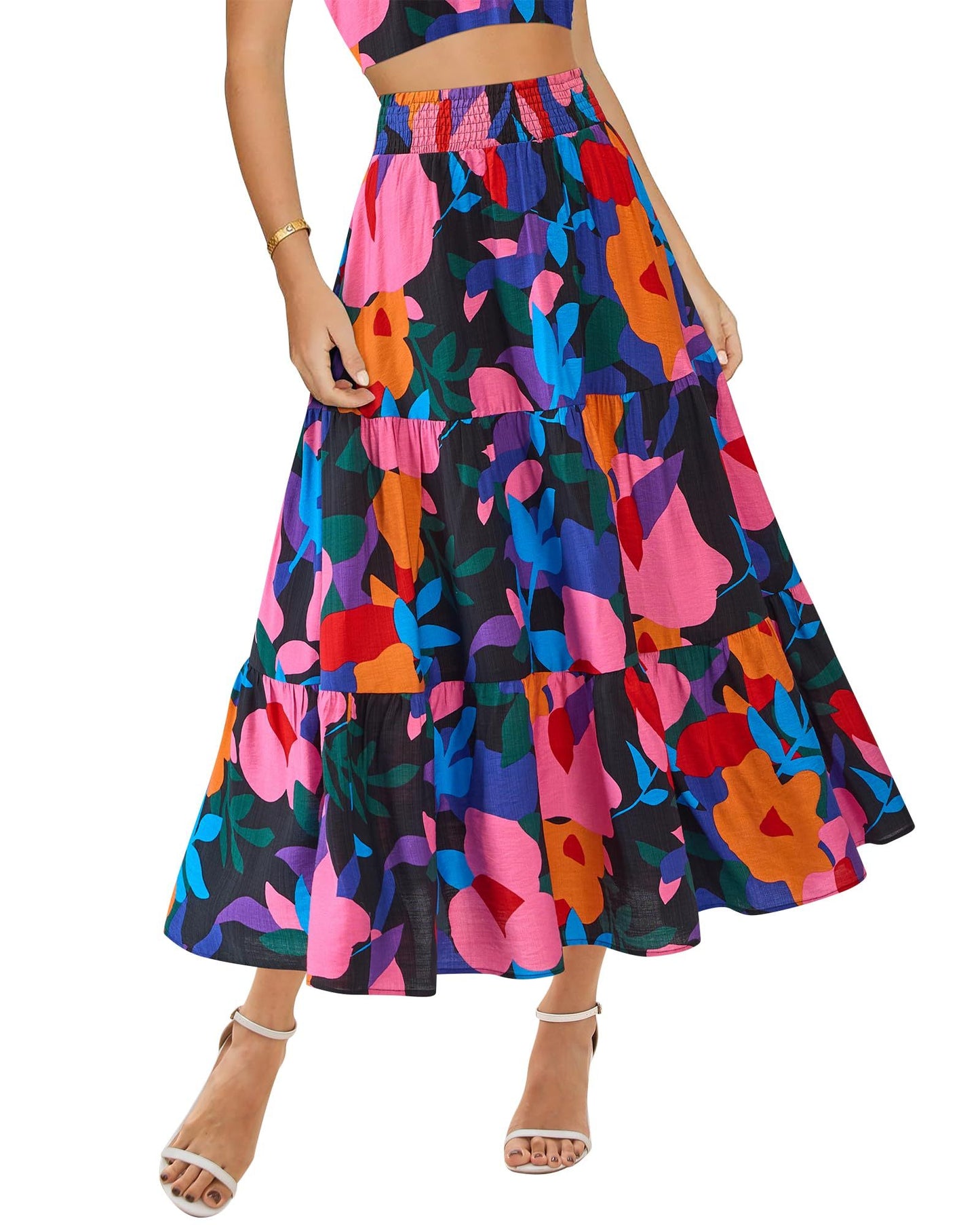 Women's Floral Print Midi Elastic High Waist Crimp Skirt