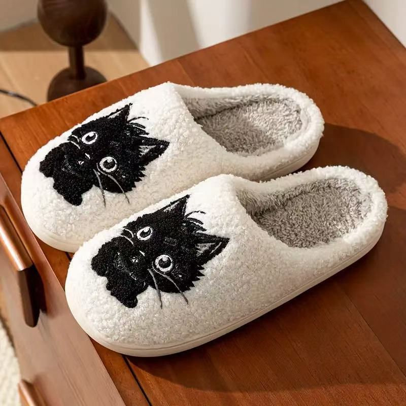 Black Beard Cat Couple Men And Women Autumn And Winter Home Plush Cotton Slippers