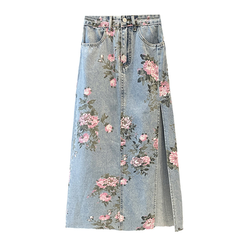 Large Design Split Denim Skirt