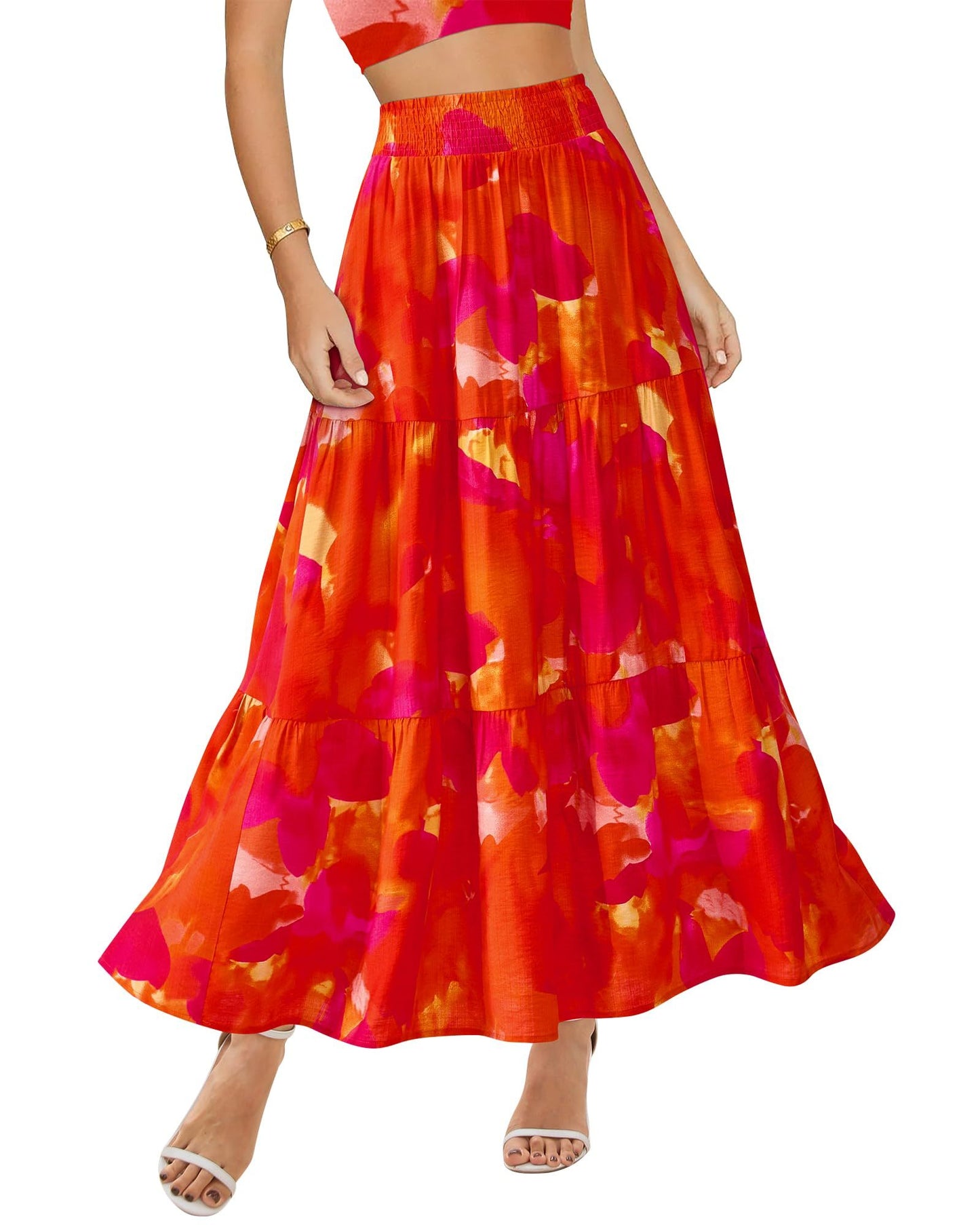 Women's Floral Print Midi Elastic High Waist Crimp Skirt