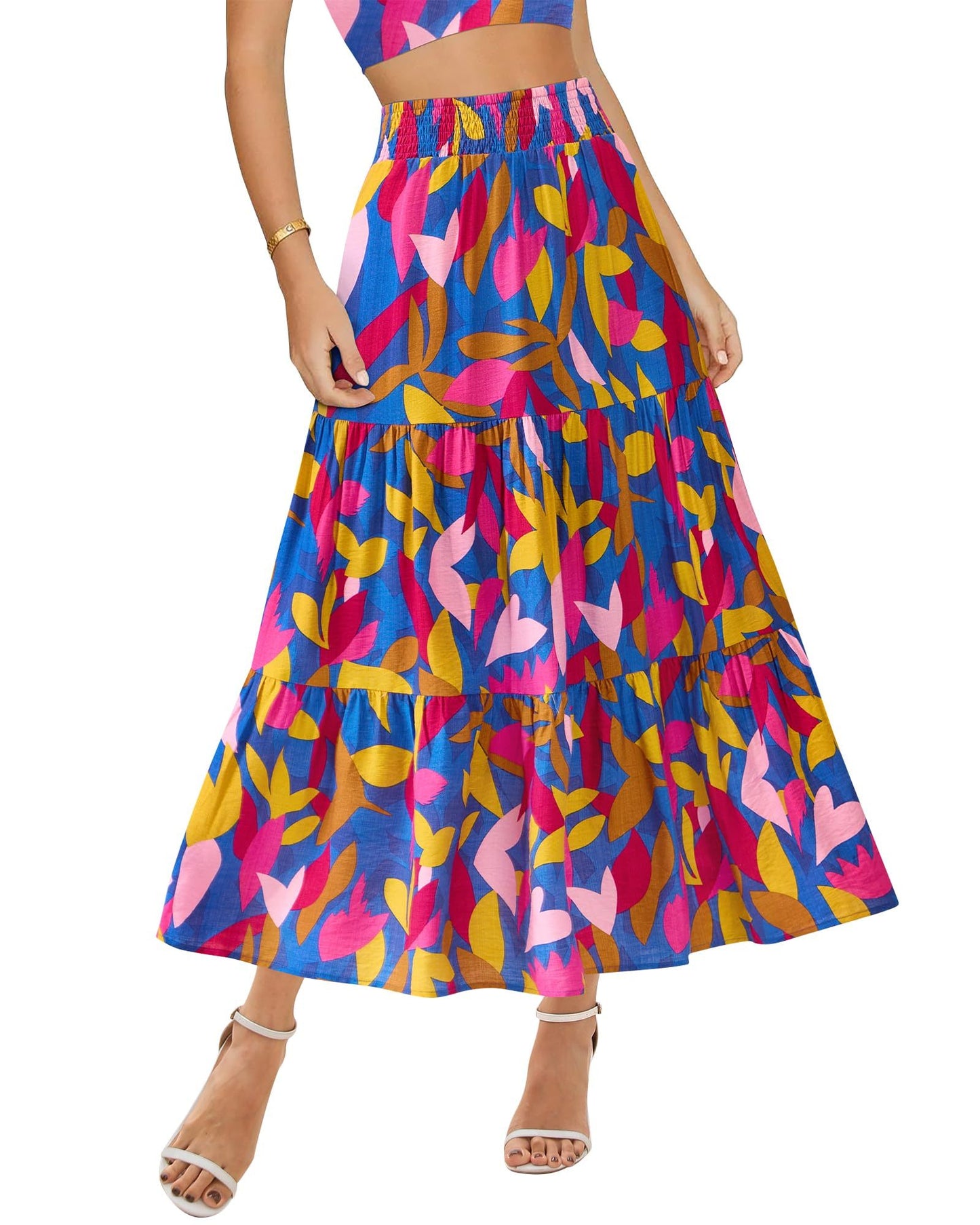 Women's Floral Print Midi Elastic High Waist Crimp Skirt