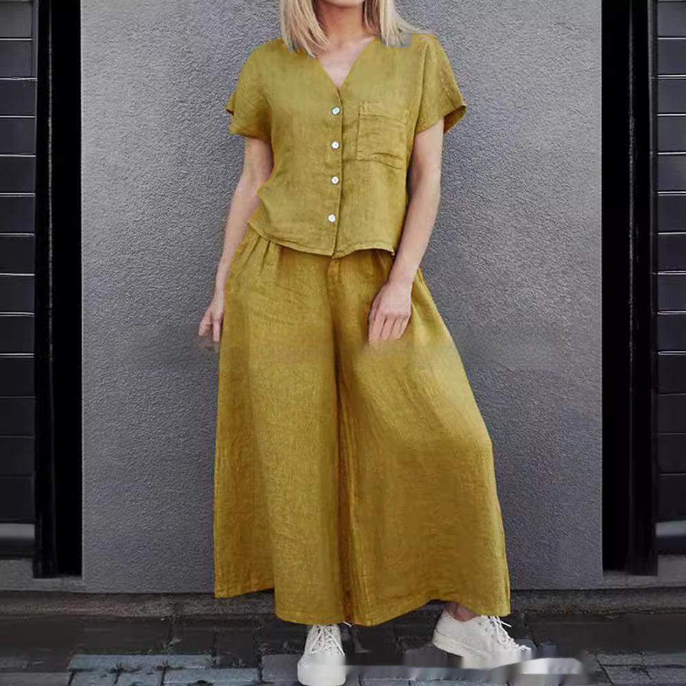 Women's Solid Color Short-sleeved Shirt Wide-leg Pants Suit