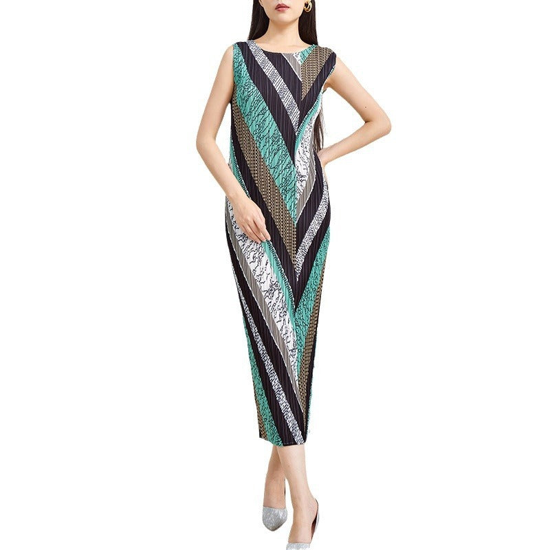 Printed Geometric Sleeveless Round Neck Slim Fit Long Dress