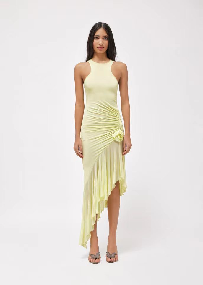 Round Neck Sleeveless Dress Fashion Tight Pleated