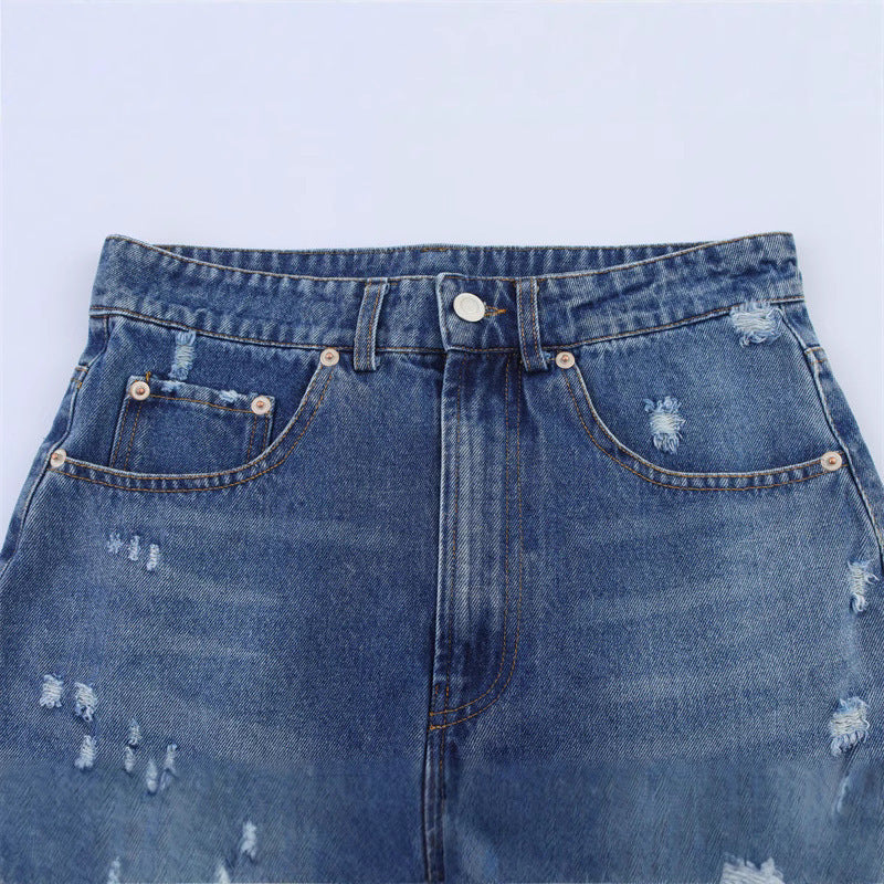 European And American Hole Denim Mini Skirt