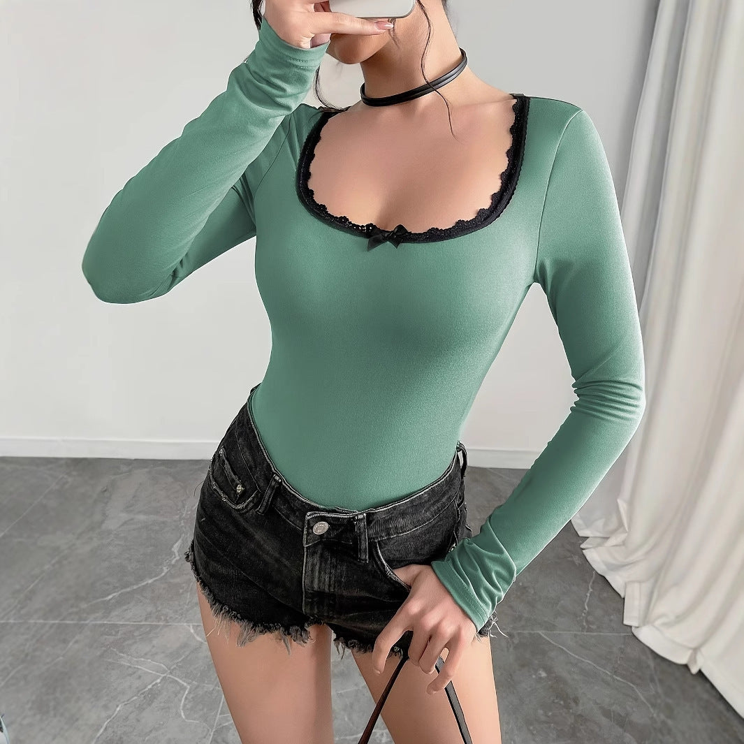 Women's Casual Lace Trim Color Blocking Long Sleeves Bodysuit