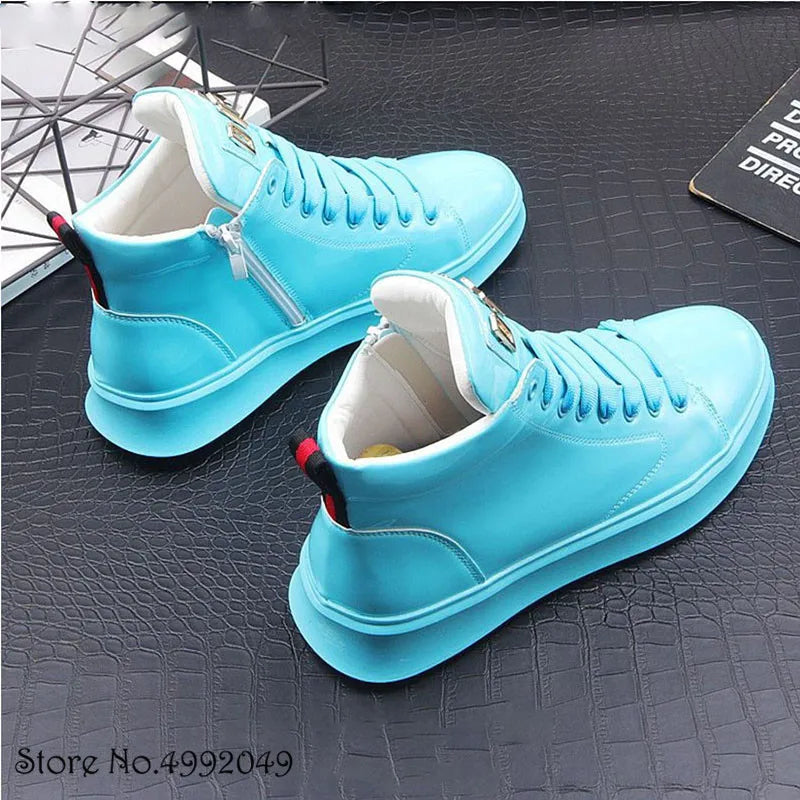 2021 Newest Trend Men‘s Glossy Blue High Tops Casual Platform Shoes Flats Loafers Male Trendsetter Sports Walking Sneakers