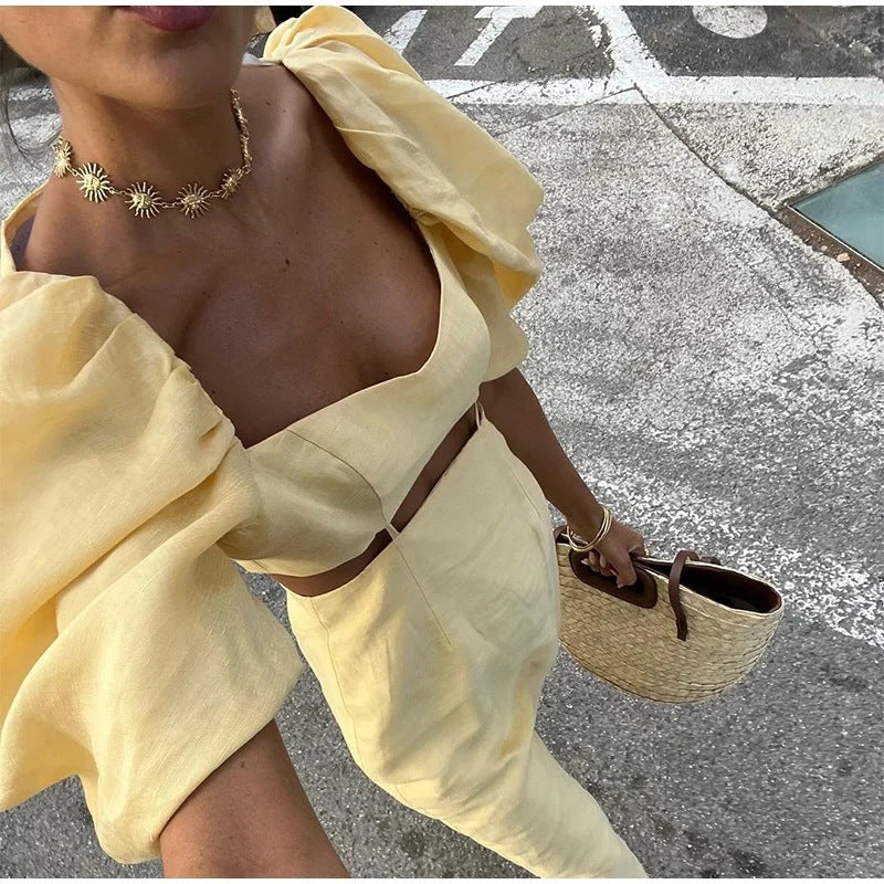 Popular Vintage Puff Sleeve High Waist Dress