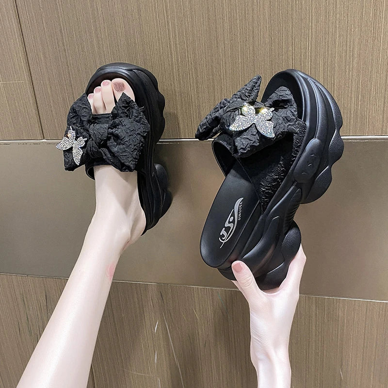 Shoes House Slippers Platform Women Heels Pantofle Slides Butterfly-Knot Fashion Soft High 2024 Luxury Flat Summer PU Shoes Wo