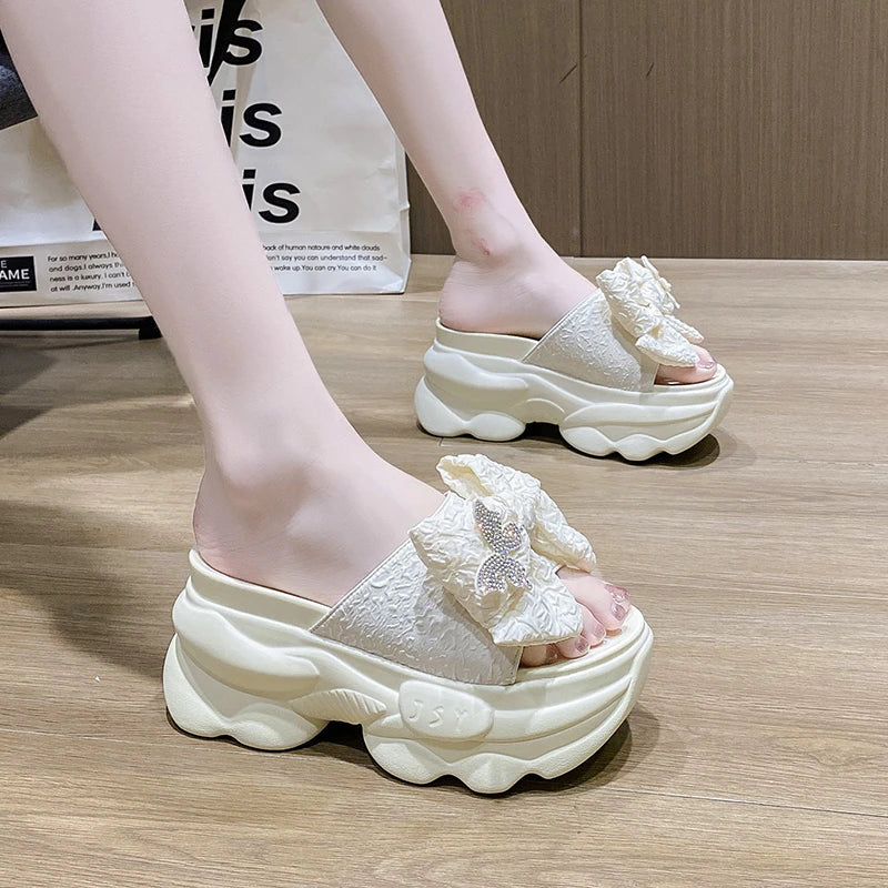 Shoes House Slippers Platform Women Heels Pantofle Slides Butterfly-Knot Fashion Soft High 2024 Luxury Flat Summer PU Shoes Wo