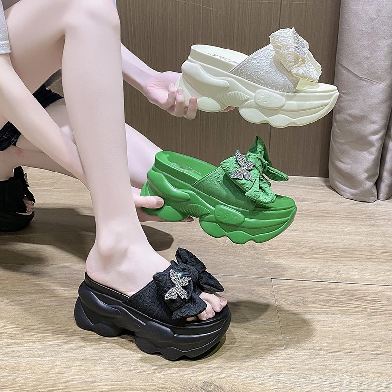 Shoes House Slippers Platform Women Heels Pantofle Slides Butterfly-Knot Fashion Soft High 2024 Luxury Flat Summer PU Shoes Wo