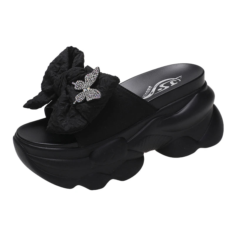 Shoes House Slippers Platform Women Heels Pantofle Slides Butterfly-Knot Fashion Soft High 2024 Luxury Flat Summer PU Shoes Wo