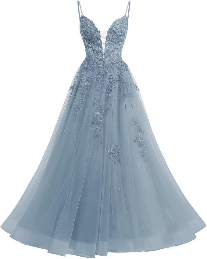 Women's Spaghetti Strap Tulle Long Applique Lace Dress With Long Dress