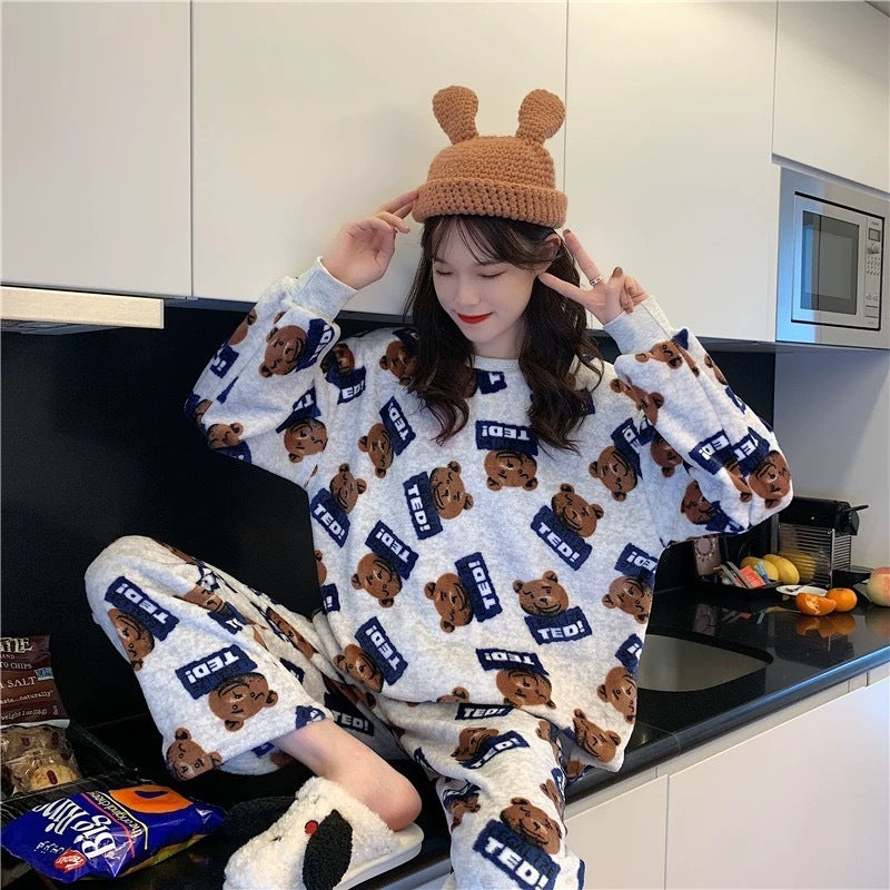 Korean Style Sweet Cute Student Autumn And Winter Coral Fleece Fleece-lined Thickened Loungewear