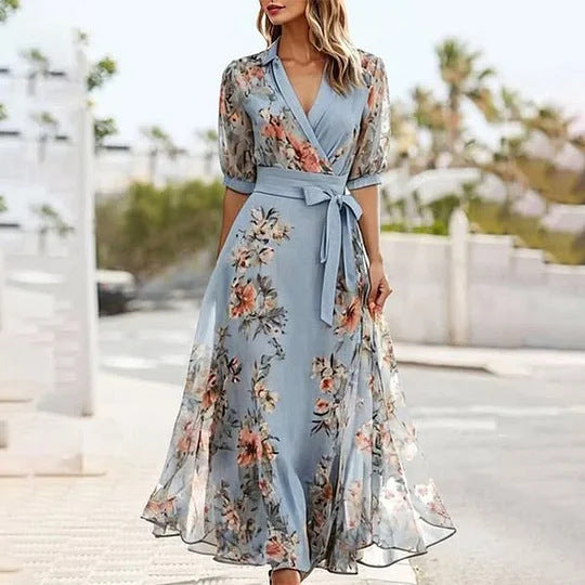 Short Sleeve V-neck Digital Printing Thin Waist Dress