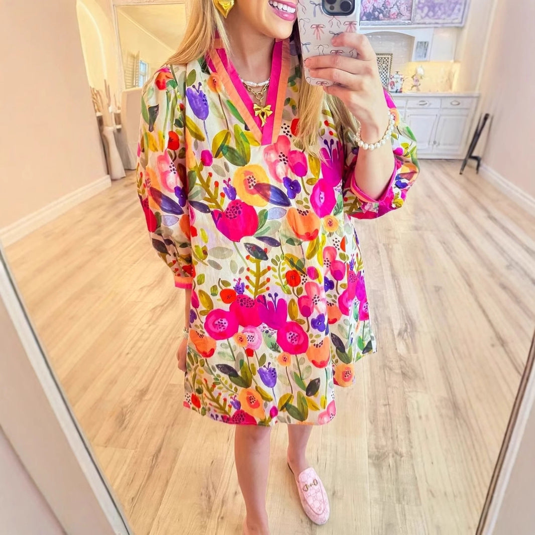 Floral Shading Three-quarter Sleeve 3D Printing Elegant Dress