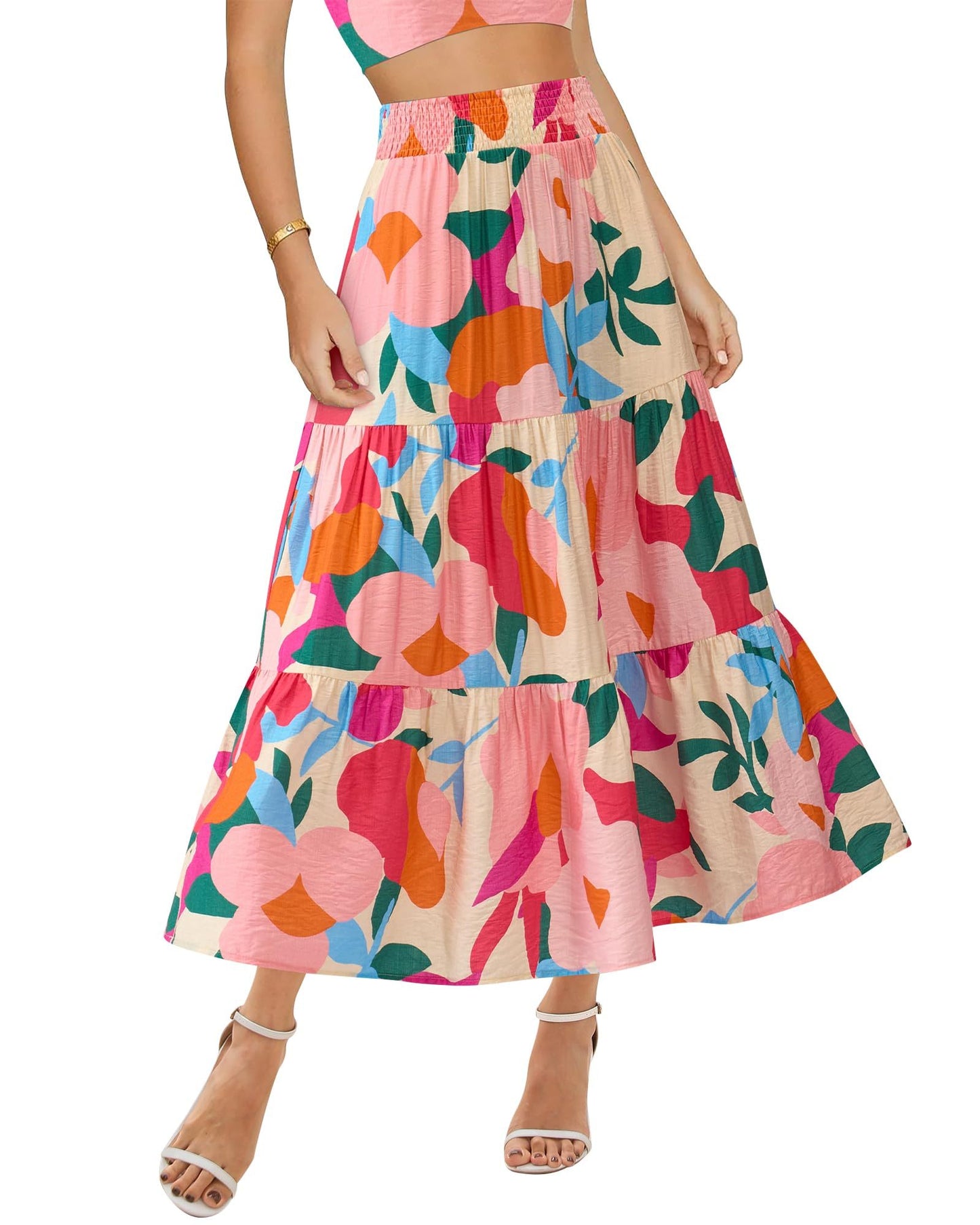 Women's Floral Print Midi Elastic High Waist Crimp Skirt