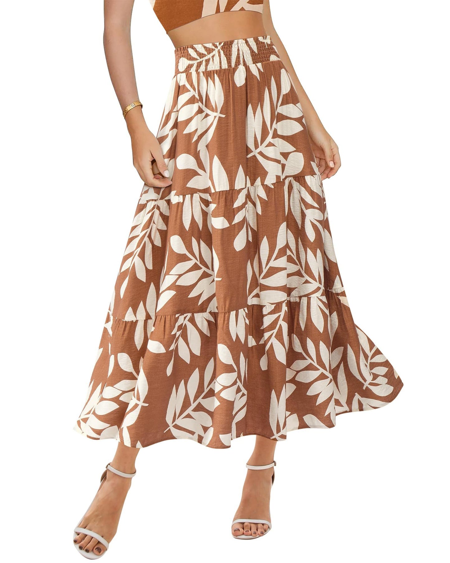 Women's Floral Print Midi Elastic High Waist Crimp Skirt