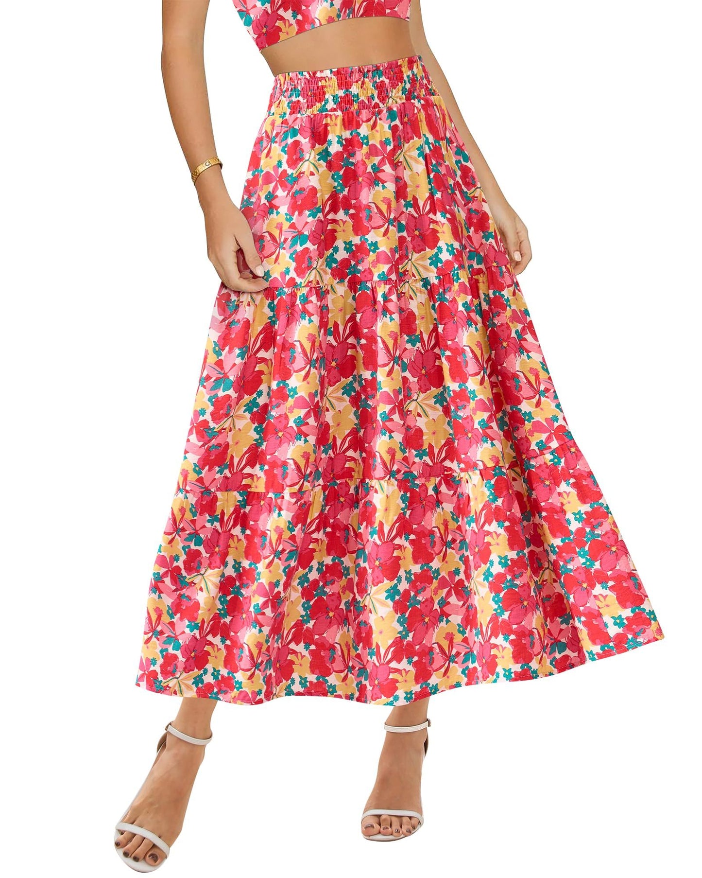Women's Floral Print Midi Elastic High Waist Crimp Skirt