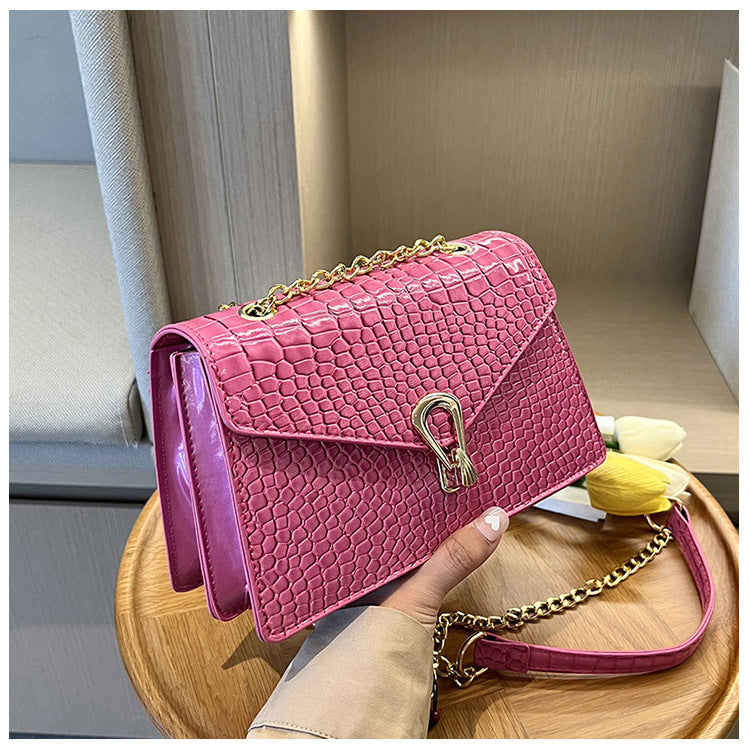 Rose Red Crocodile Pattern Women's Chain Bag