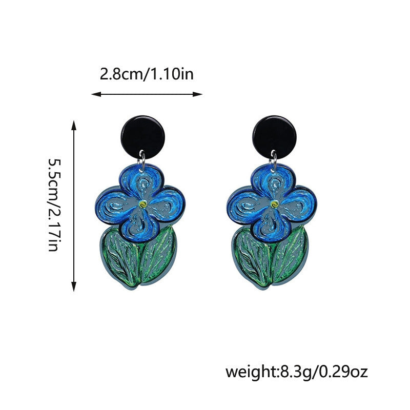 Summer High-grade Oil Painting Blue Flower Earrings