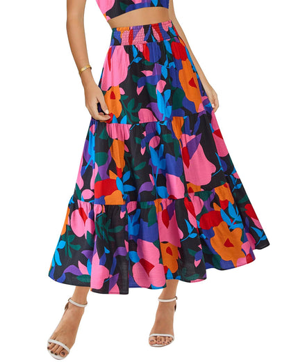 Women's Floral Print Midi Elastic High Waist Crimp Skirt