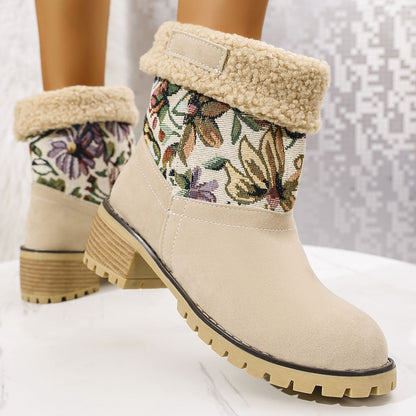 Flowers Embroidered Snow Boots Ethnic Style Platform Thick Square Heel Mid-tube Boot Winter Warm Cotton Shoes For Women