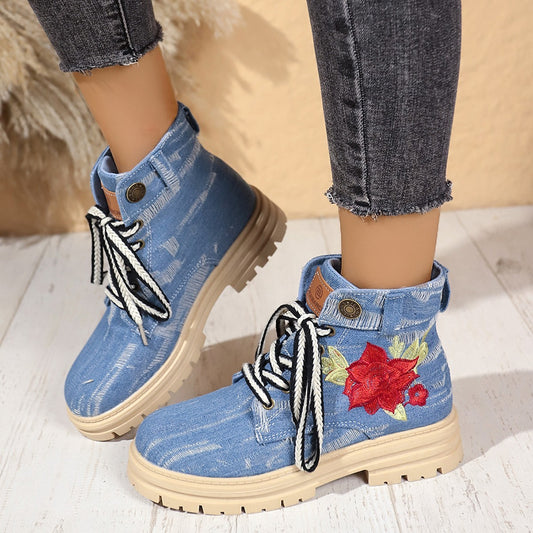 Lace-up Canvas Boots Fashion Rose Embroidered Shoes Round Toe Thick Heel Short Boot Women