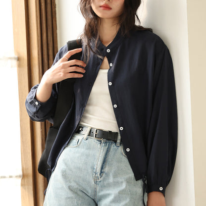 Tencel Linen Stand Collar Shirt Light Thin And Loose Button Top