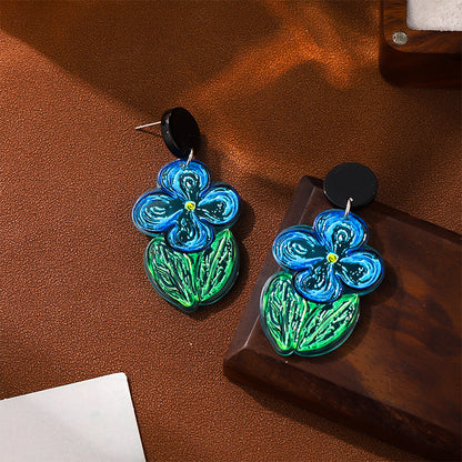 Summer High-grade Oil Painting Blue Flower Earrings