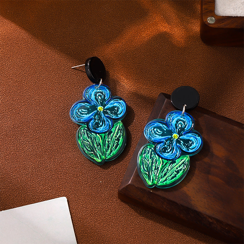 Summer High-grade Oil Painting Blue Flower Earrings