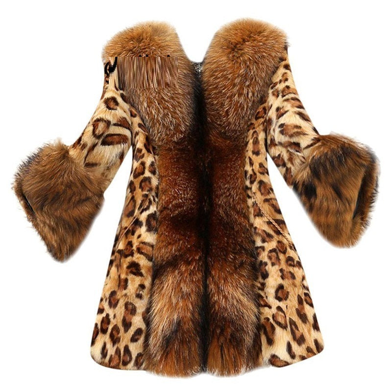 Autumn and Winter New Faux Fur Coat with Large Fur Collar Leopard Print Medium Length Women's Fur Coat Raccoon Dog