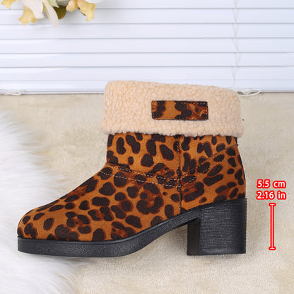 New Foldable Leopard Print Mid-calf Boots Winter Warm Fleece Thick Square Heels Boot For Women Fashion Round-toed Cotton Shoes