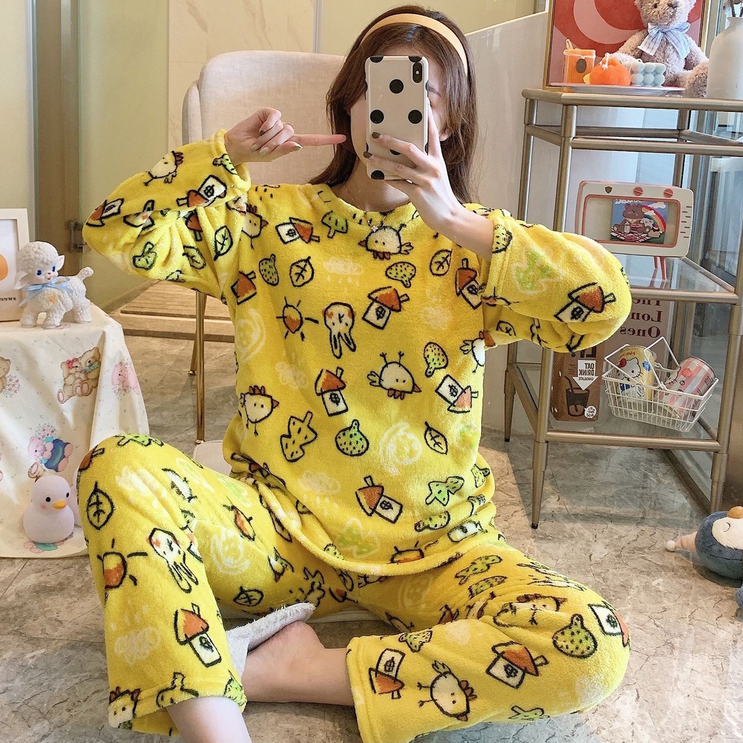 Korean Style Sweet Cute Student Autumn And Winter Coral Fleece Fleece-lined Thickened Loungewear