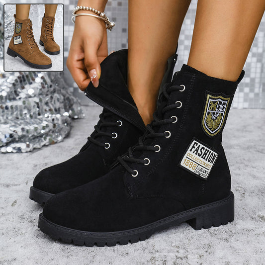 Fashion Lace-up Chunky Heels Boots Winter Round Toe Shoes For Women