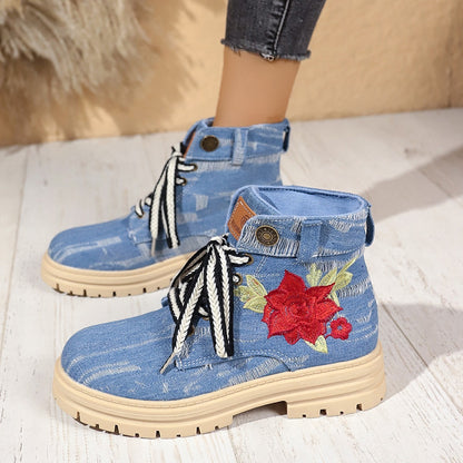 Lace-up Canvas Boots Fashion Rose Embroidered Shoes Round Toe Thick Heel Short Boot Women