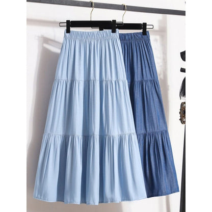 All-match Large Hem Elastic Waist Ice Silk Denim Skirt For Women