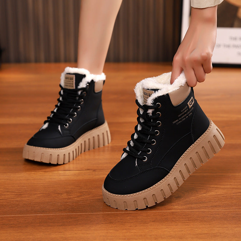 Ins Lace-up Snow Boots Winter Warm Fleece Flat Shoes For Women Fashion Casual Plush Ankle Boot