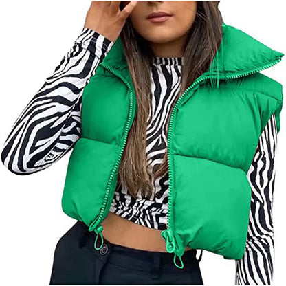 Winter Short Vest For Women Solid Color Zip Sleeveless Lapel Jacket Fashion Bread Coat