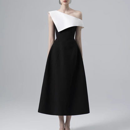 Niche Classic Black And White Color Matching Off-shoulder Dress