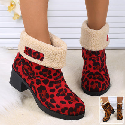 New Foldable Leopard Print Mid-calf Boots Winter Warm Fleece Thick Square Heels Boot For Women Fashion Round-toed Cotton Shoes