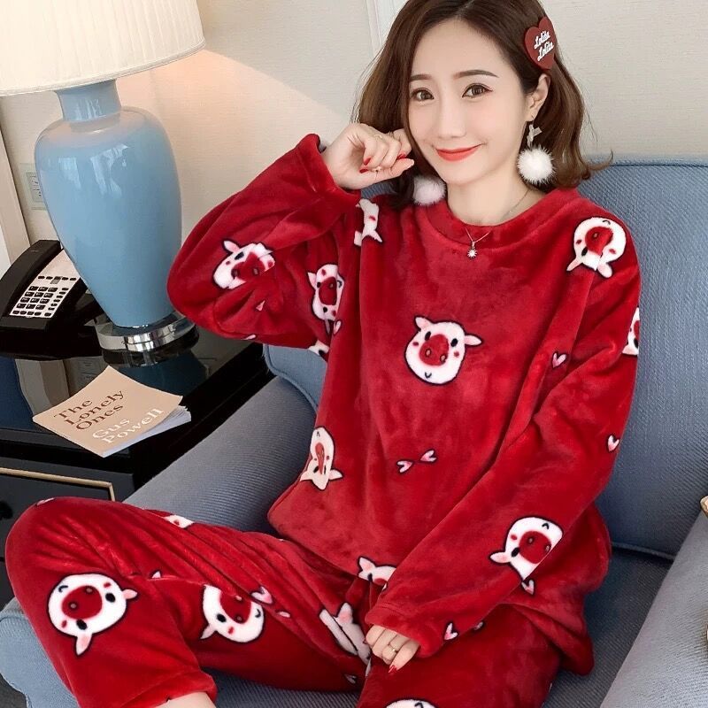 Korean Style Sweet Cute Student Autumn And Winter Coral Fleece Fleece-lined Thickened Loungewear