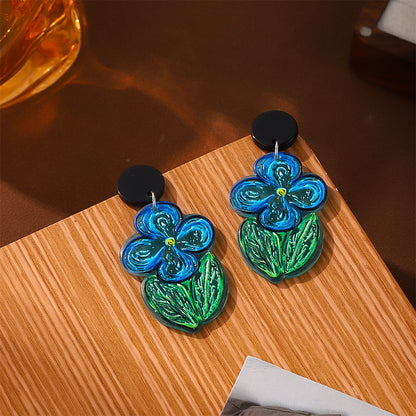 Summer High-grade Oil Painting Blue Flower Earrings