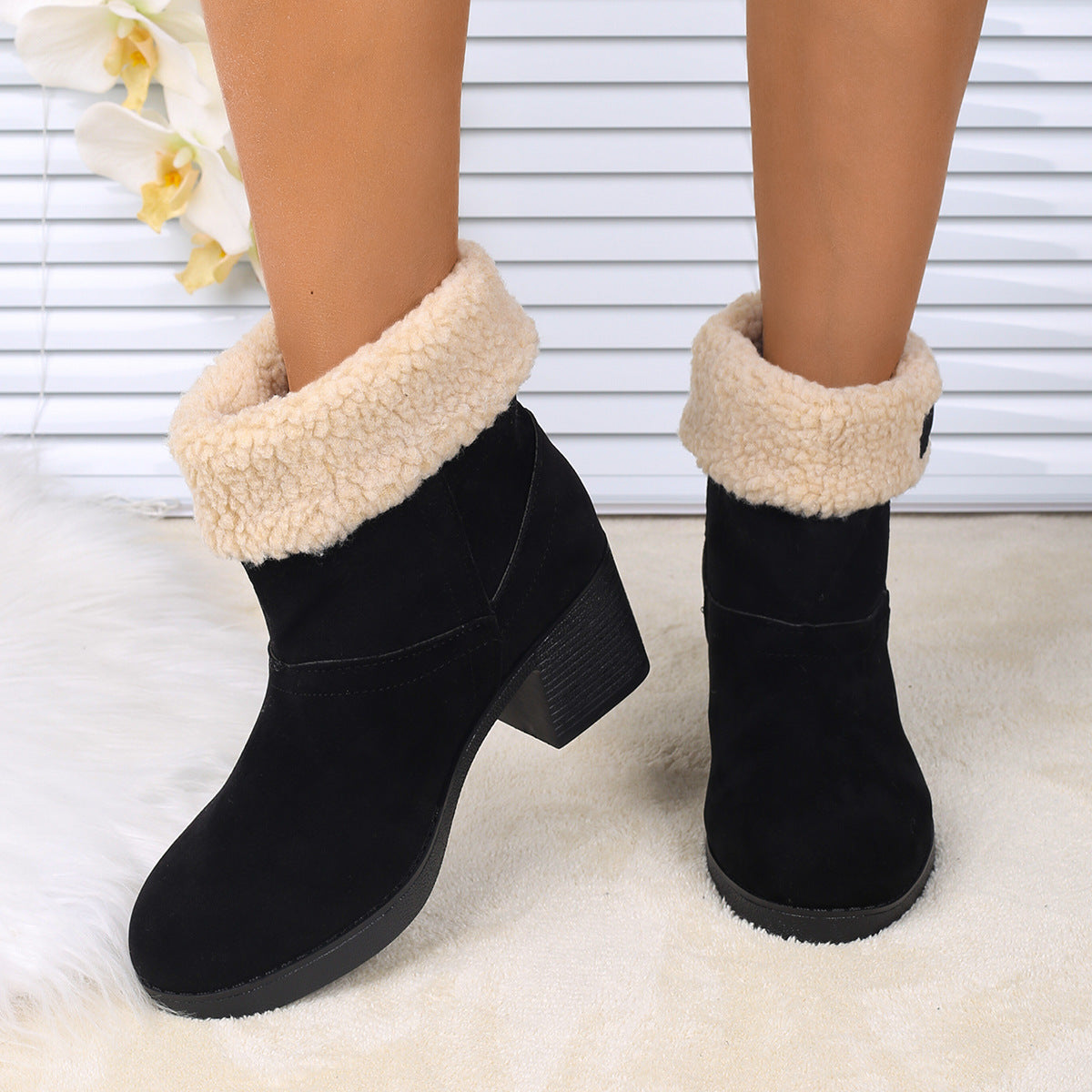 New Foldable Leopard Print Mid-calf Boots Winter Warm Fleece Thick Square Heels Boot For Women Fashion Round-toed Cotton Shoes