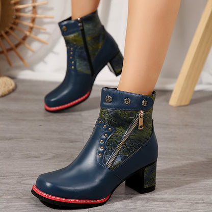 Autumn Winter Retro Stitching Chunky Heel High Heel Short Martin Boots