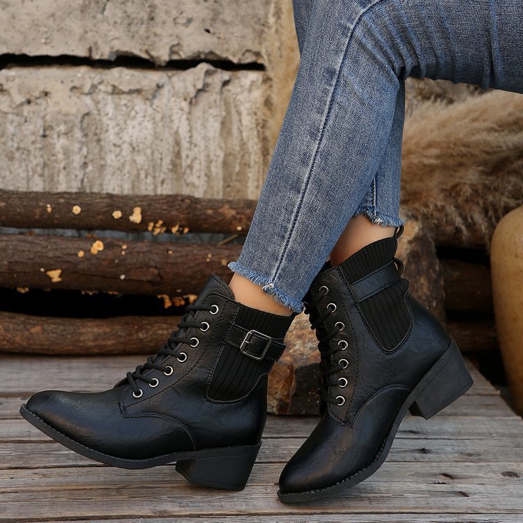 Women's Autumn And Winter Platform Wedge Pointed Toe Lace Up Casual Black British Ankle Boots