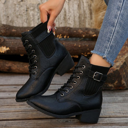 Women's Autumn And Winter Platform Wedge Pointed Toe Lace Up Casual Black British Ankle Boots